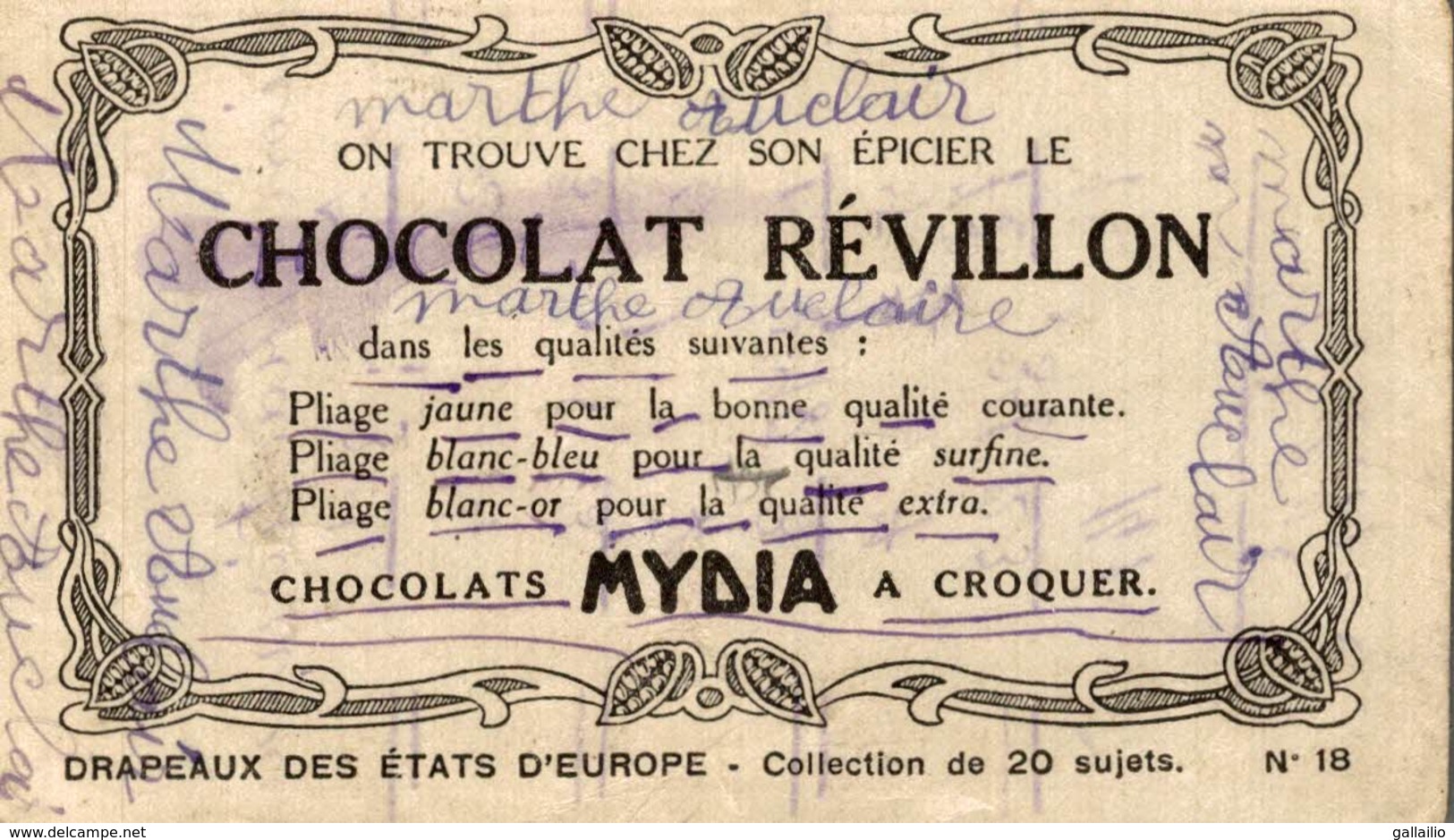 CHROMO CHOCOLAT REVILLON MYDIA LA BELGIQUE DRAPEAUX DES ETATS D'EUROPE - Revillon