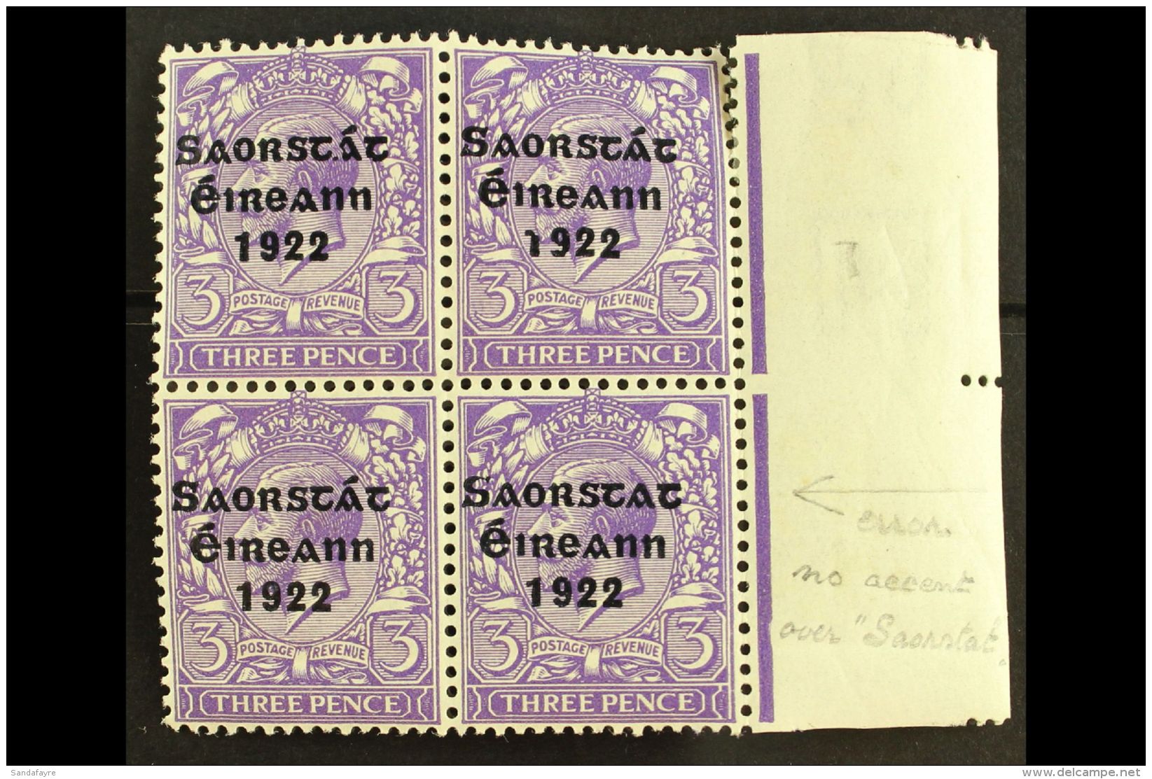 1922-23 SAORSTAT  3d Bluish Violet, Right Marginal Block Of Four, Showing NO ACCENT, SG 57a, Fresh Mint, Light... - Otros & Sin Clasificación