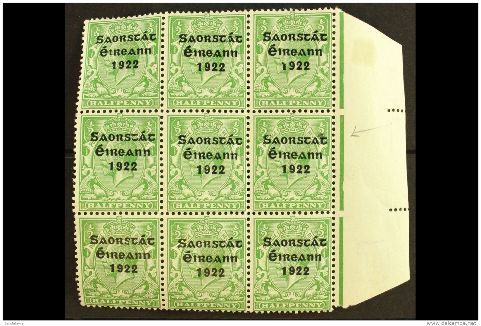 1922-23 SAORSTAT  &frac12;d Green, Right Hand Marginal Block Of Nine, Showing At 15/12 ACCENT INSERTED TWICE,... - Autres & Non Classés