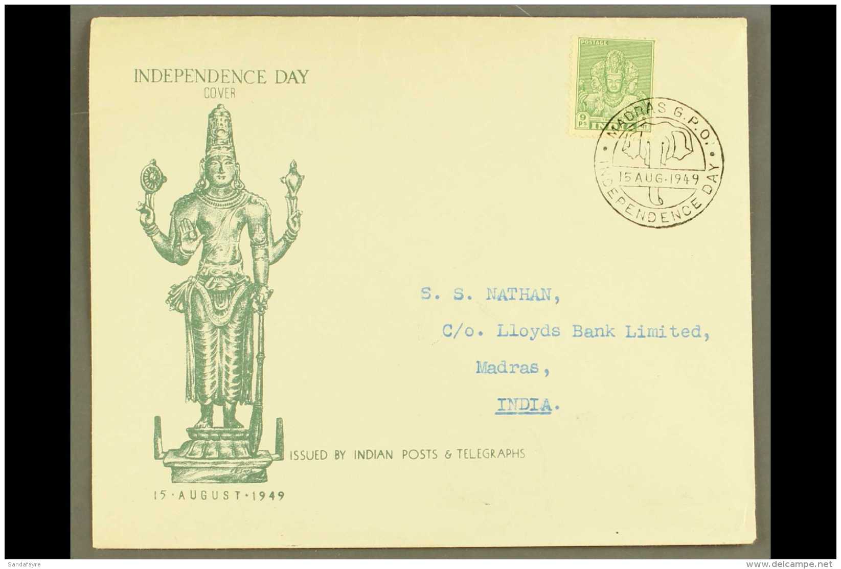 1949  9p Yellow-green Definitive, SG 311, On Independence Day Illustrated First Day Cover Tied By "MADRAS G.P.O.... - Autres & Non Classés