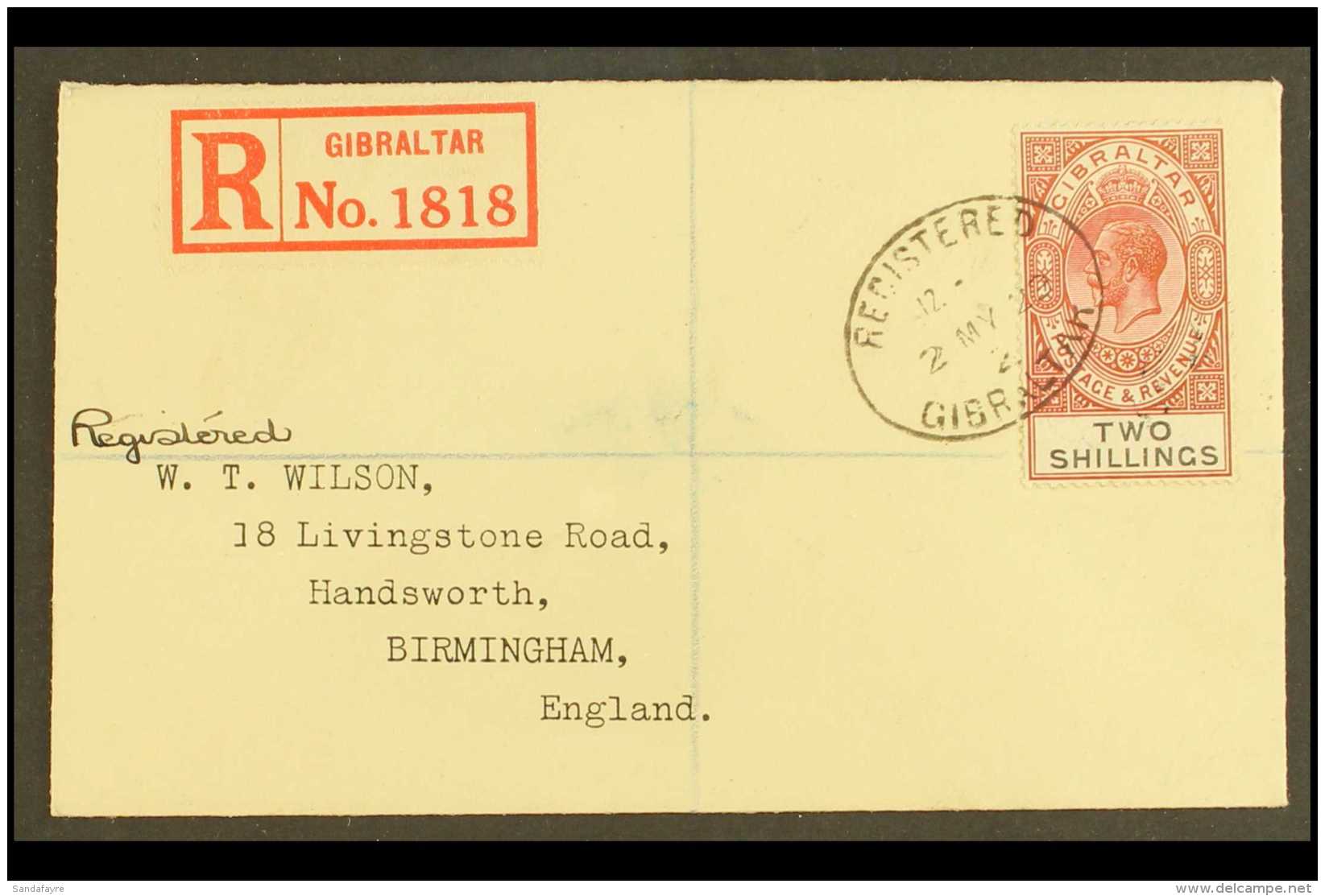 1929  (2 May) Neat Registered Cover To England Bearing KGV 2s Red-brown And Black, SG 103, Tied By Dated... - Gibraltar