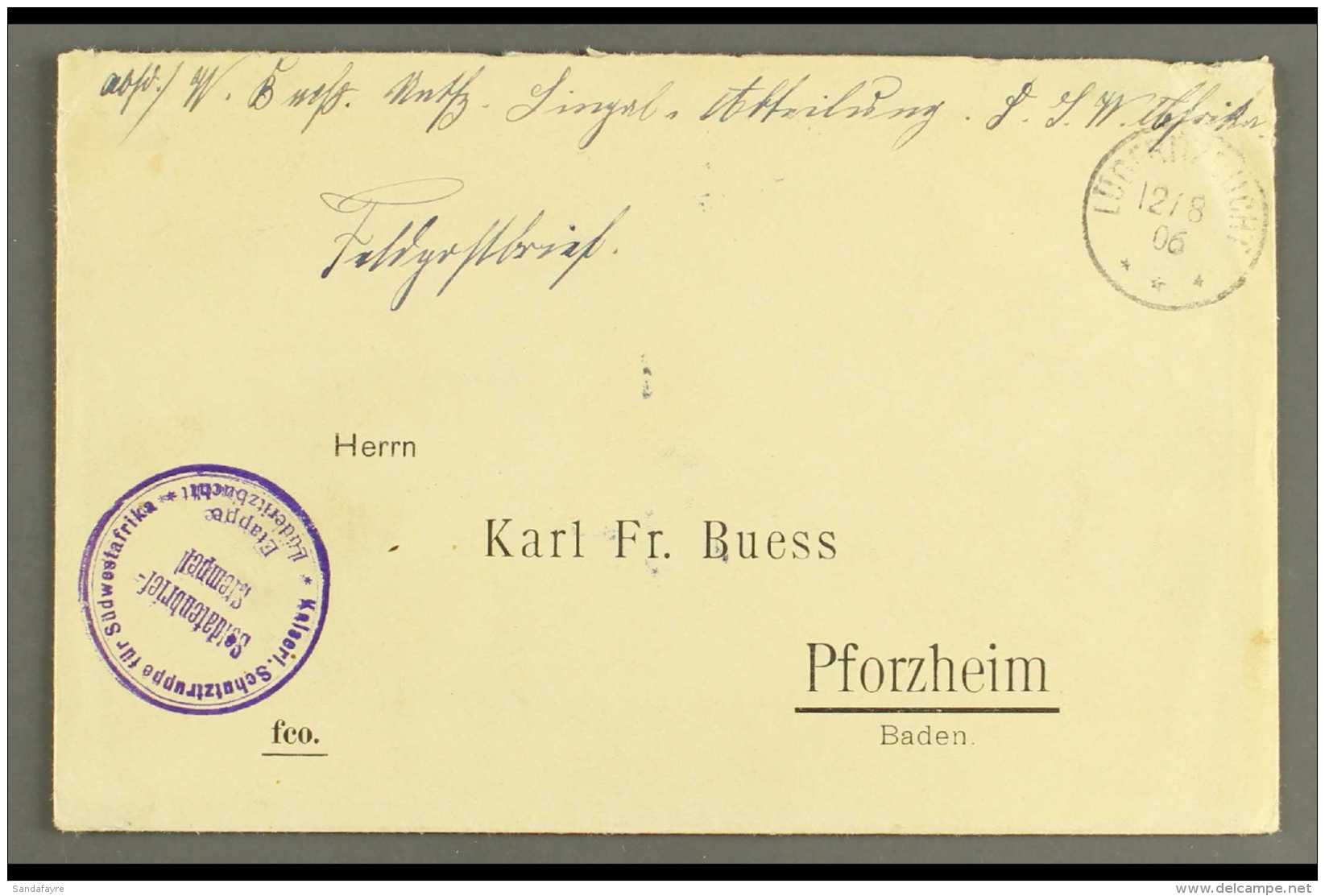 SOUTH WEST AFRICA  1906 (12 Aug) Stampless Feldpost Cover To Germany Showing A Fine "LUDERITZBUCHT" Cds Postmark,... - Other & Unclassified