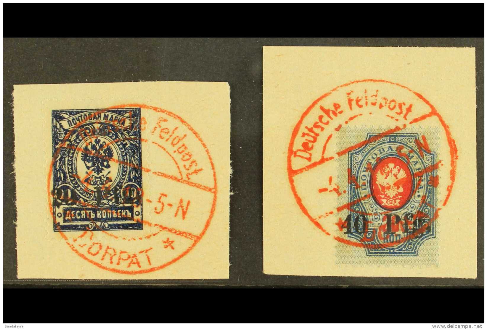 ESTONIA  Local Issue For DORPAT, 1918 20pf On 10k &amp; 40pf On 20k, Mi 1/2, Superb Used On Pieces With Red,... - Autres & Non Classés