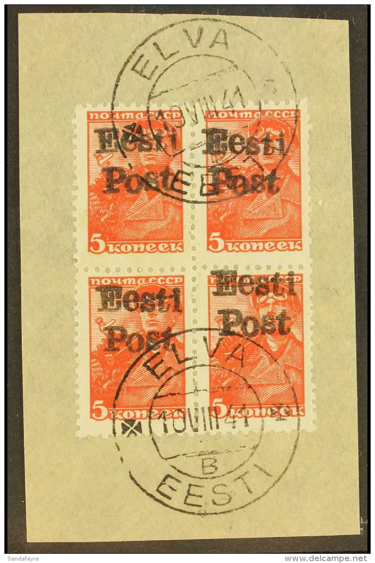 ESTONIA  1941 5k Brown-red, "Eesti Post" Overprint, Mi 5, BLOCK OF FOUR, Superb Used On Piece, With "Krischke"... - Otros & Sin Clasificación