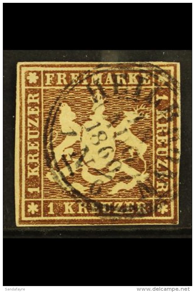 WURTTEMBERG  1859 1kr Brown Imperf Arms On Paper Without Thread, Michel 11a, Fine Used With Four Margins And Neat... - Otros & Sin Clasificación