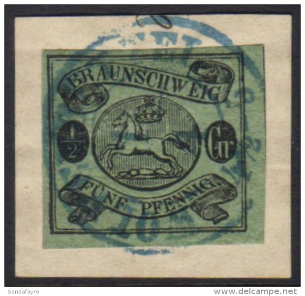 BRUNSWICK  1861-63 &frac12;gr Black On Blue-green, SG 15, Michel 10, Very Fine Used On Piece Tied By Blue Cds... - Otros & Sin Clasificación