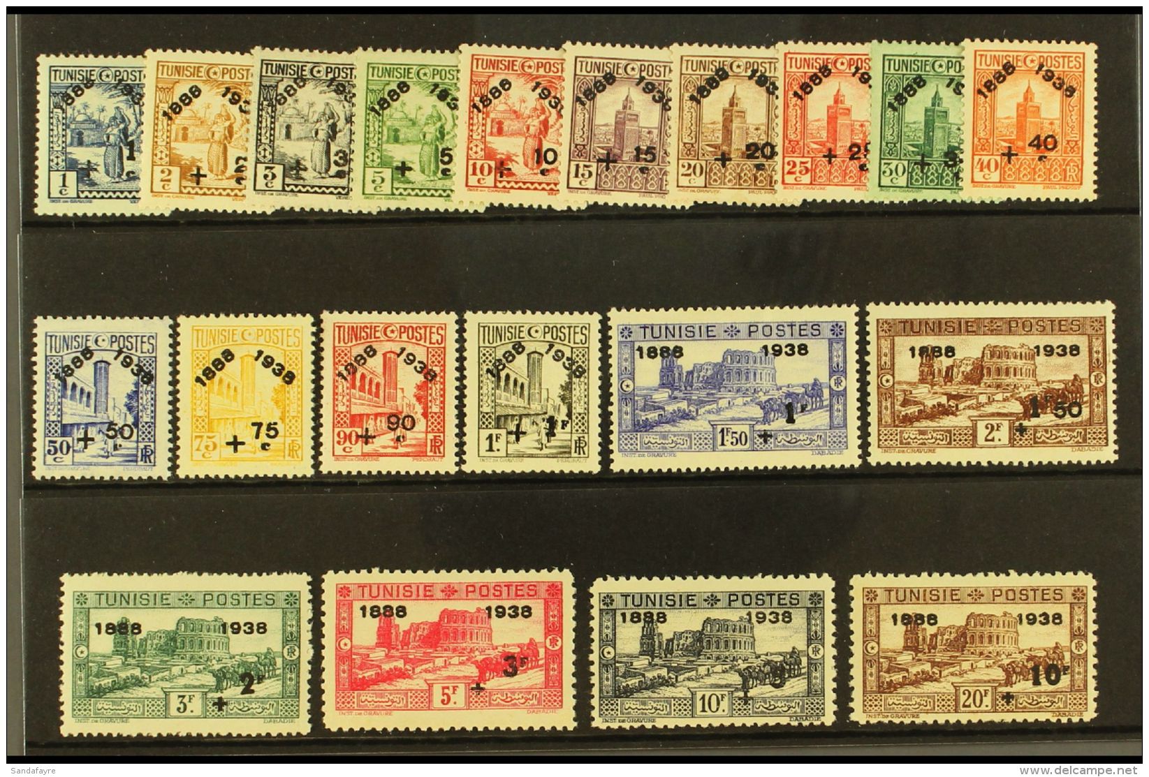 TUNISIA  1938 Postal Service Anniversary Surcharges Complete Set (Yvert 185/204, SG 196/215), Fine Mint, Very... - Autres & Non Classés
