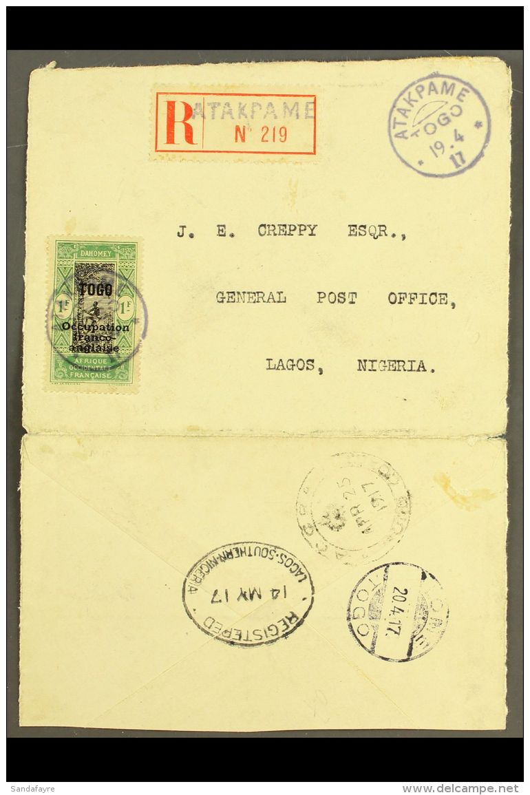 TOGO  1917 Registered Cover (opened For Display), Franked 1fr Green And Black Occupation Franco-anglaise, Tied By... - Autres & Non Classés