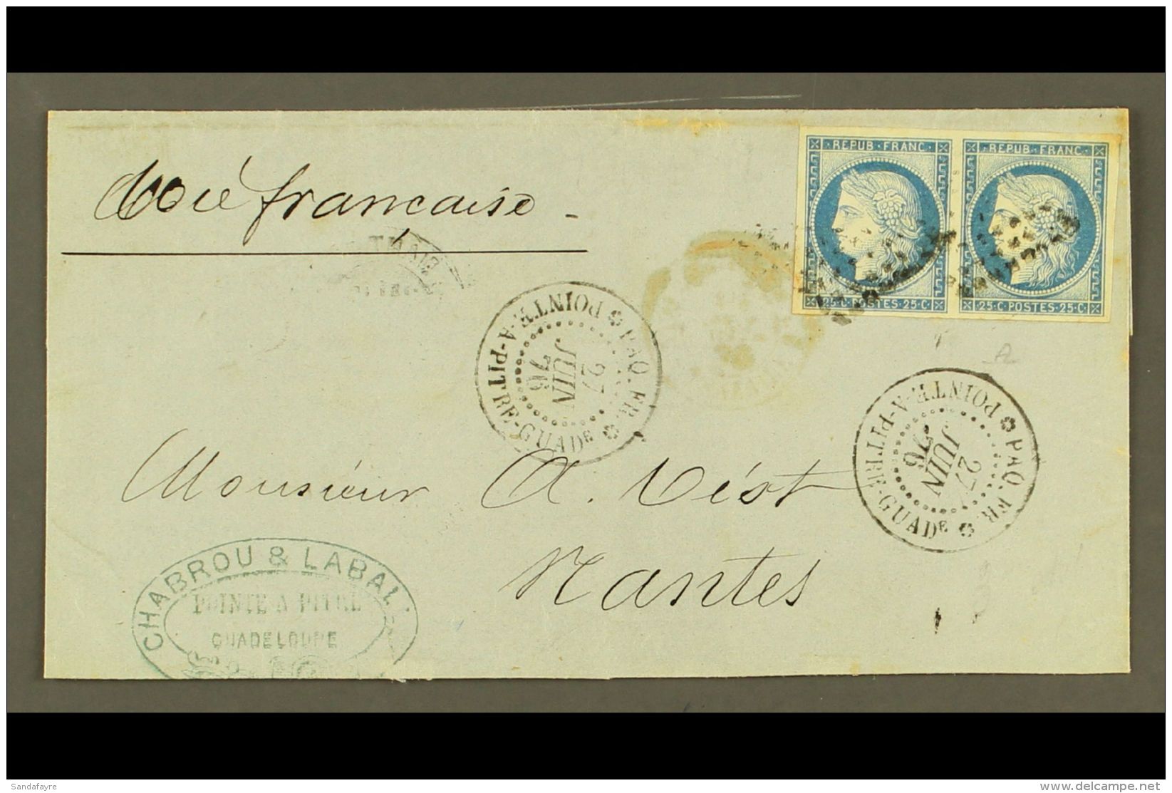 GUADELOUPE  1876 50c Double Rate Cover  (missing Flap) To France Franked 25c Ceres (2) Tied By Dumb Lozenge... - Otros & Sin Clasificación