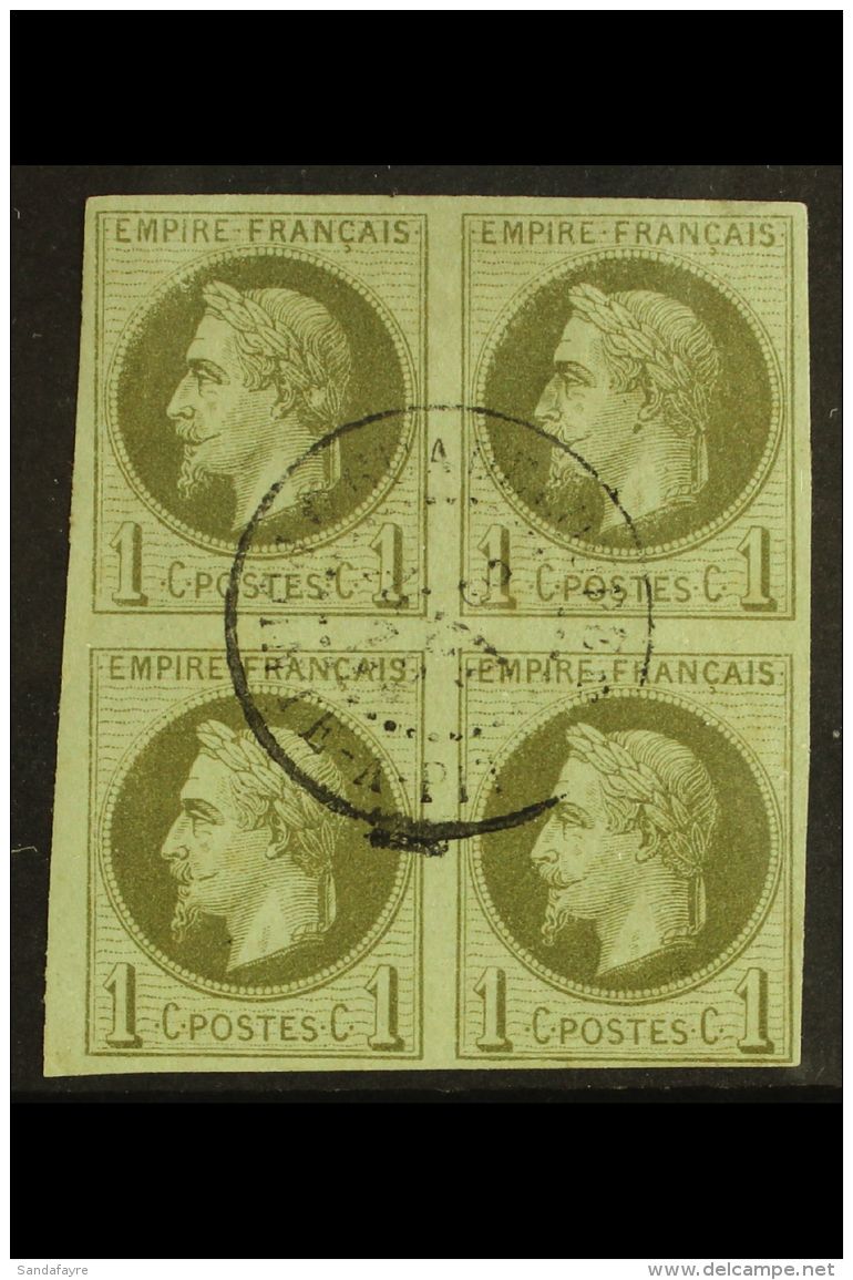 GUADELOUPE  1872 1c Olive Green, Napoleon III, Yv 7, Block Of 4 With Central "Guadaloupe 3 AOUT 72 Pointe A... - Otros & Sin Clasificación