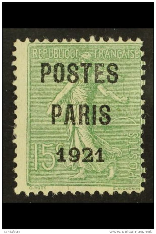 PREOBLITERES  1921 15c Green-olive With "POSTES / PARIS / 1921" Precancel, Yvert 28, Mint With Large Part... - Autres & Non Classés