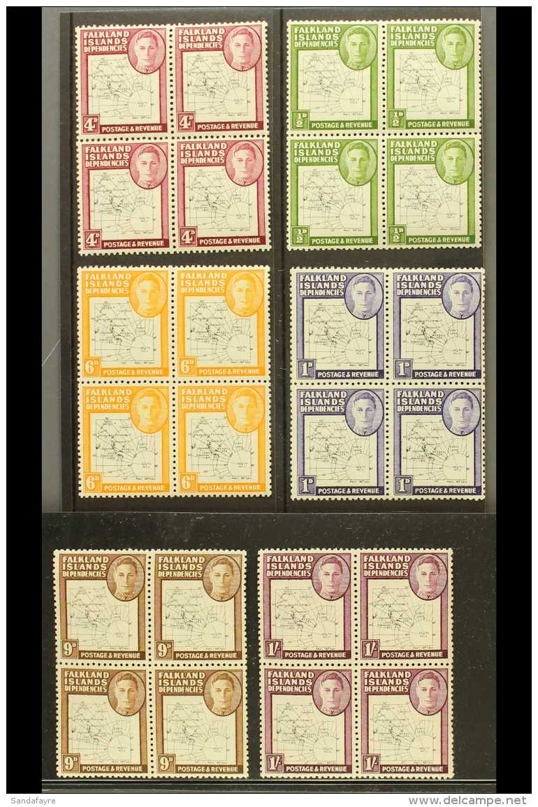 1946-49 VARIETIES.  &frac12;d, 1d, 4d, 6d, 9d &amp; 1s Thin Map (SG G9/10 &amp; G13/16) Never Hinged Mint BLOCKS... - Falkland