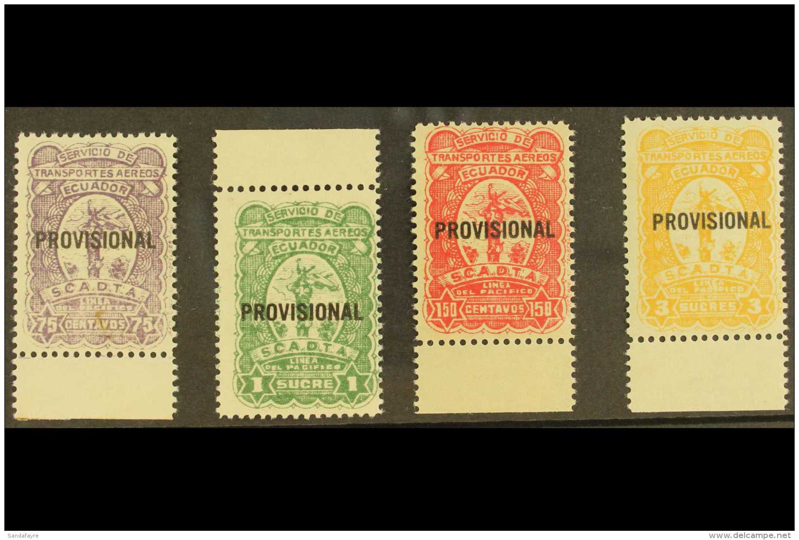 SCADTA  UNISSUED STAMPS 1928 75c Lilac, 150c Green, 1s Red &amp; 3s Yellow With "PROVISIONAL" Overprints, Never... - Equateur