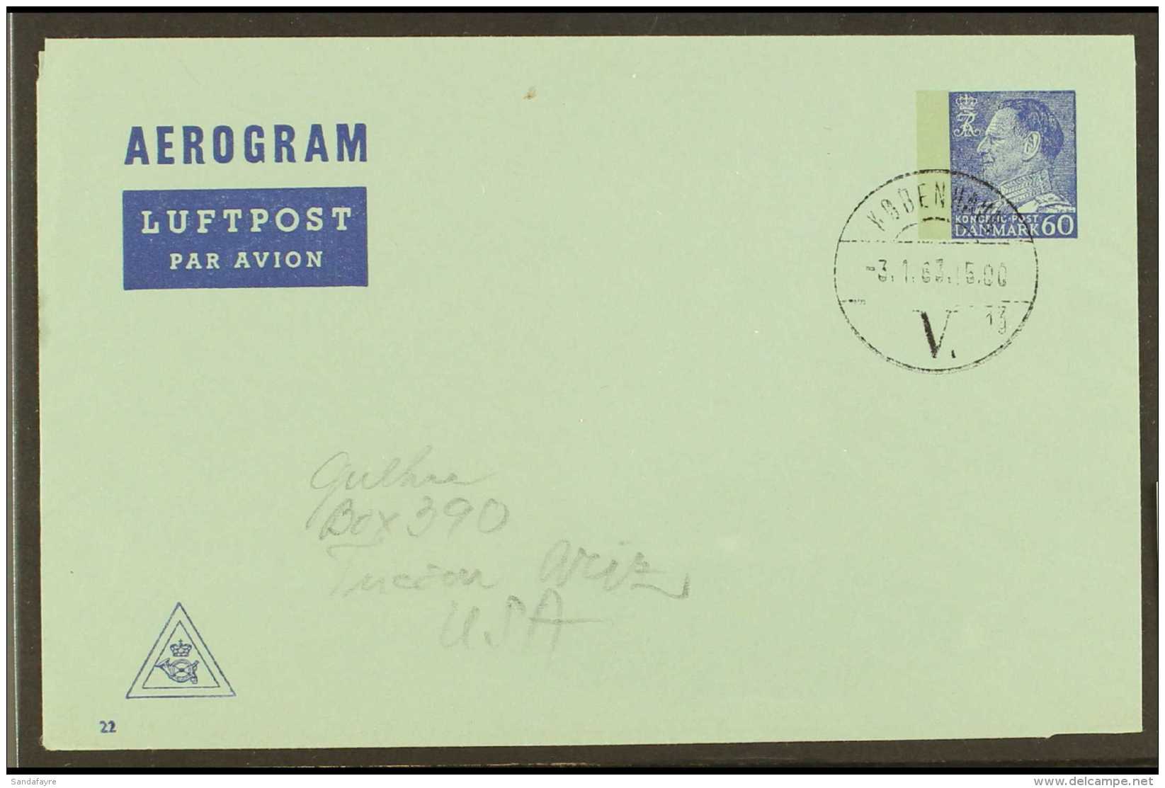 1962  60o Dark Blue On Greenish Paper Aerogramme With MISSING "IL" OF "MAIL" Variety, Kessler 16b, Very Fine... - Autres & Non Classés