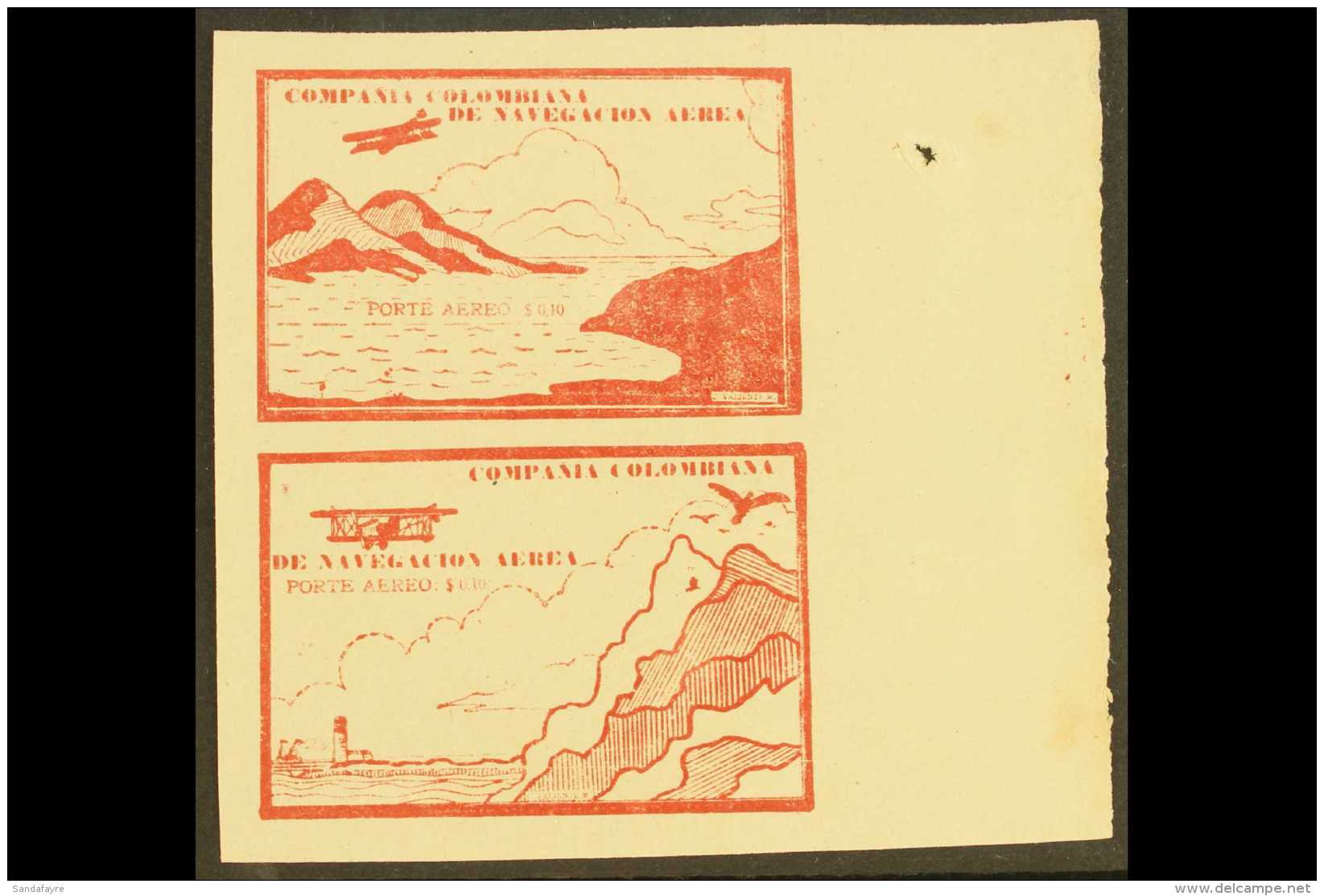 PRIVATE AIRS - COMPANIA COLOMBIANA DE NAVEGACION AREA  1920 (Oct) 10c Brown-red "Sea And Mountains" And "Cliffs... - Colombia
