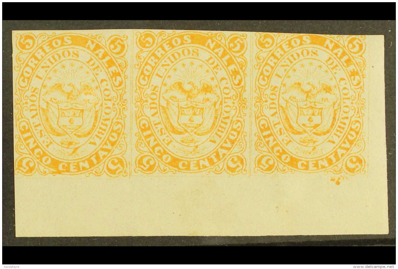 1868  5c Orange, Scott 53, A Never Hinged Mint Marginal STRIP OF THREE, Close Margins At Top And At Left, But A... - Colombie