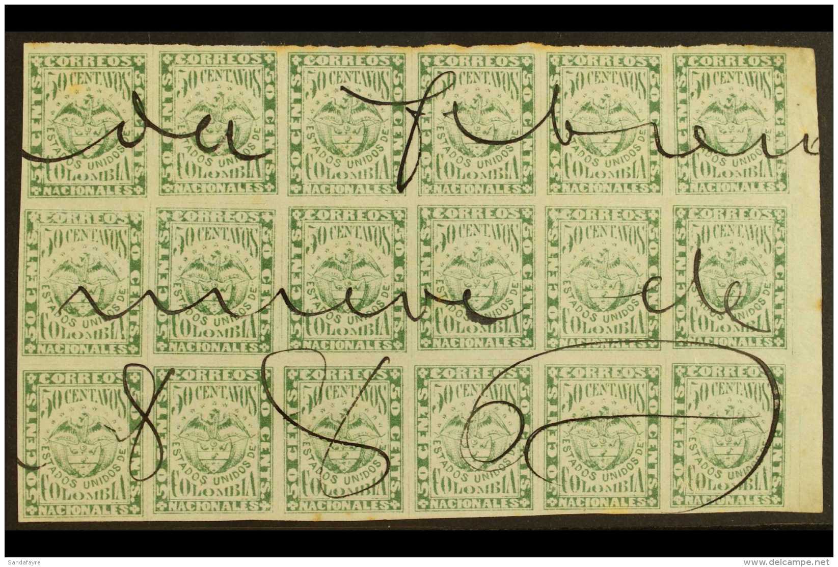 1868  50c Yellow Green, Scott 56, An Impressive Used BLOCK OF EIGHTEEN (6 X 3) With Full Margins And With... - Colombia