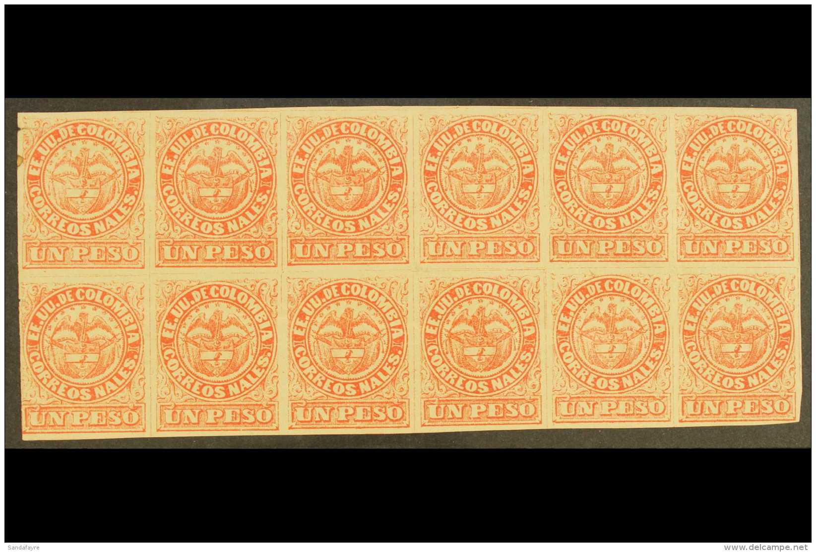 1868  1p Rose Red Type I, Scott 57b, An Impressive Mint BLOCK OF TWELVE (6 X 2), Several Lines Of Creasing And... - Colombie