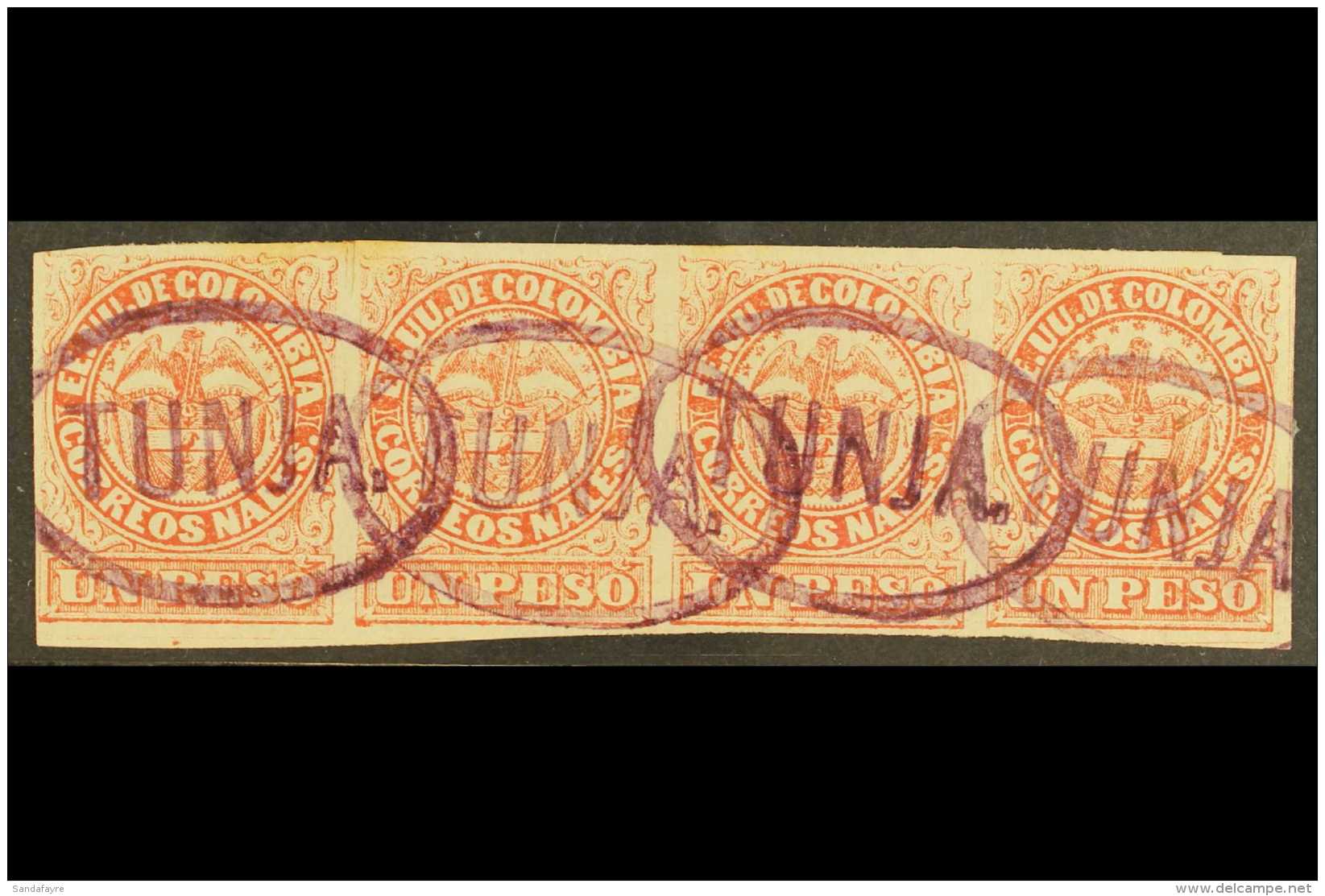 1868  1p Rose-red, Type I, Scott 57b, A Fine Used STRIP OF FOUR With Good Margins And With Four Oval "TUNGA"... - Colombie