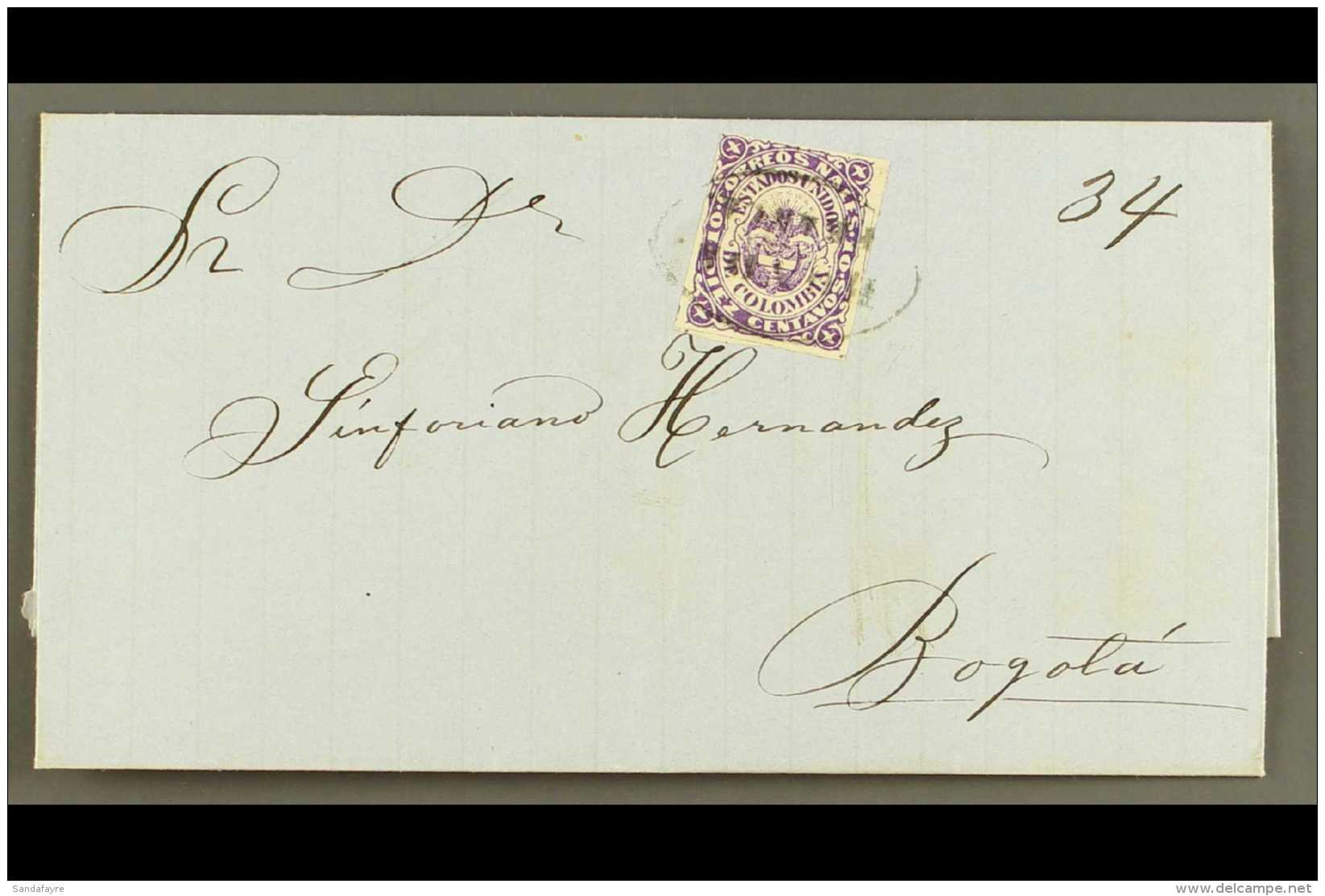 1868  10c Violet Type I, Scott 54a, On Undated Cover To Bogota Tied By Oval "HONDA/FRANCA" Cancel, With Recent... - Colombia