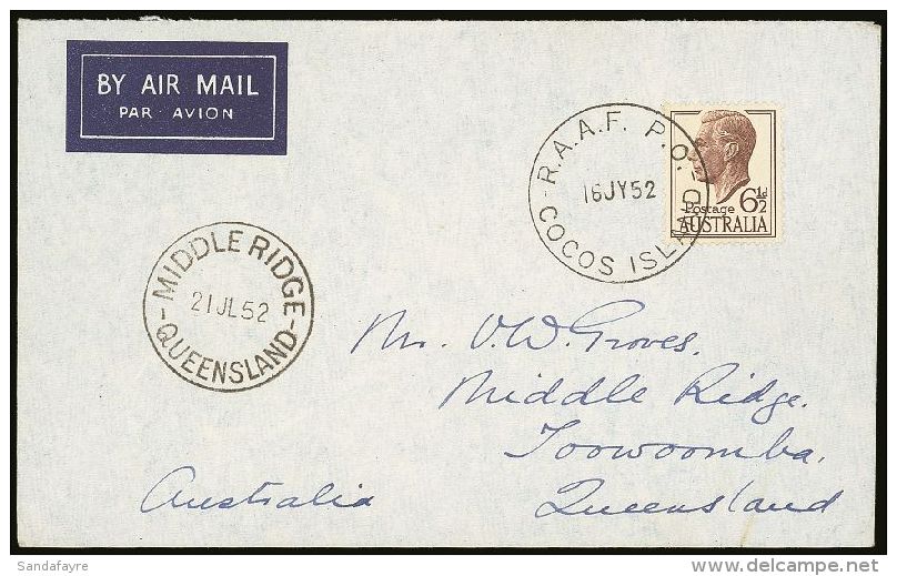 1952  (16 July) Airmail Envelope To Australia, Carried On The Qantas Route- Proving Survey Flight, Bearing KGVI... - Islas Cocos (Keeling)