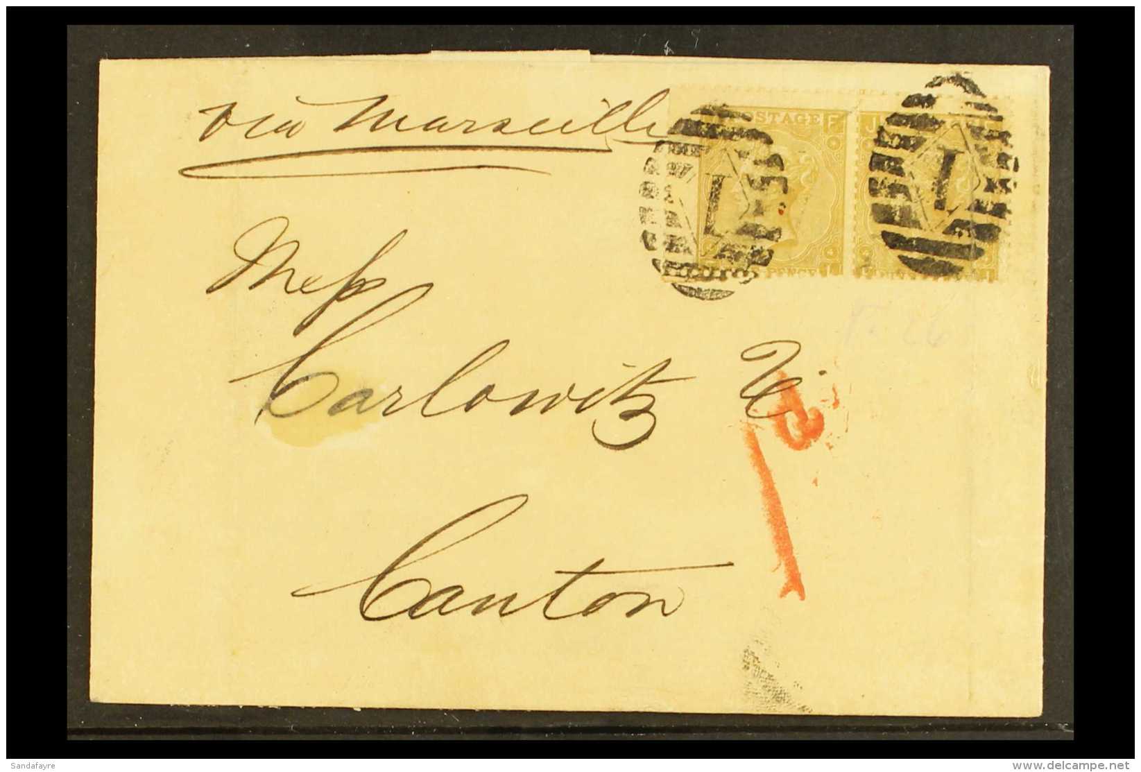 INCOMING MAIL  1866 Cover Addressed To "Carlowitz &amp; Co., Canton," Franked With 9d Straw, Plate 4 Horizontal... - Autres & Non Classés