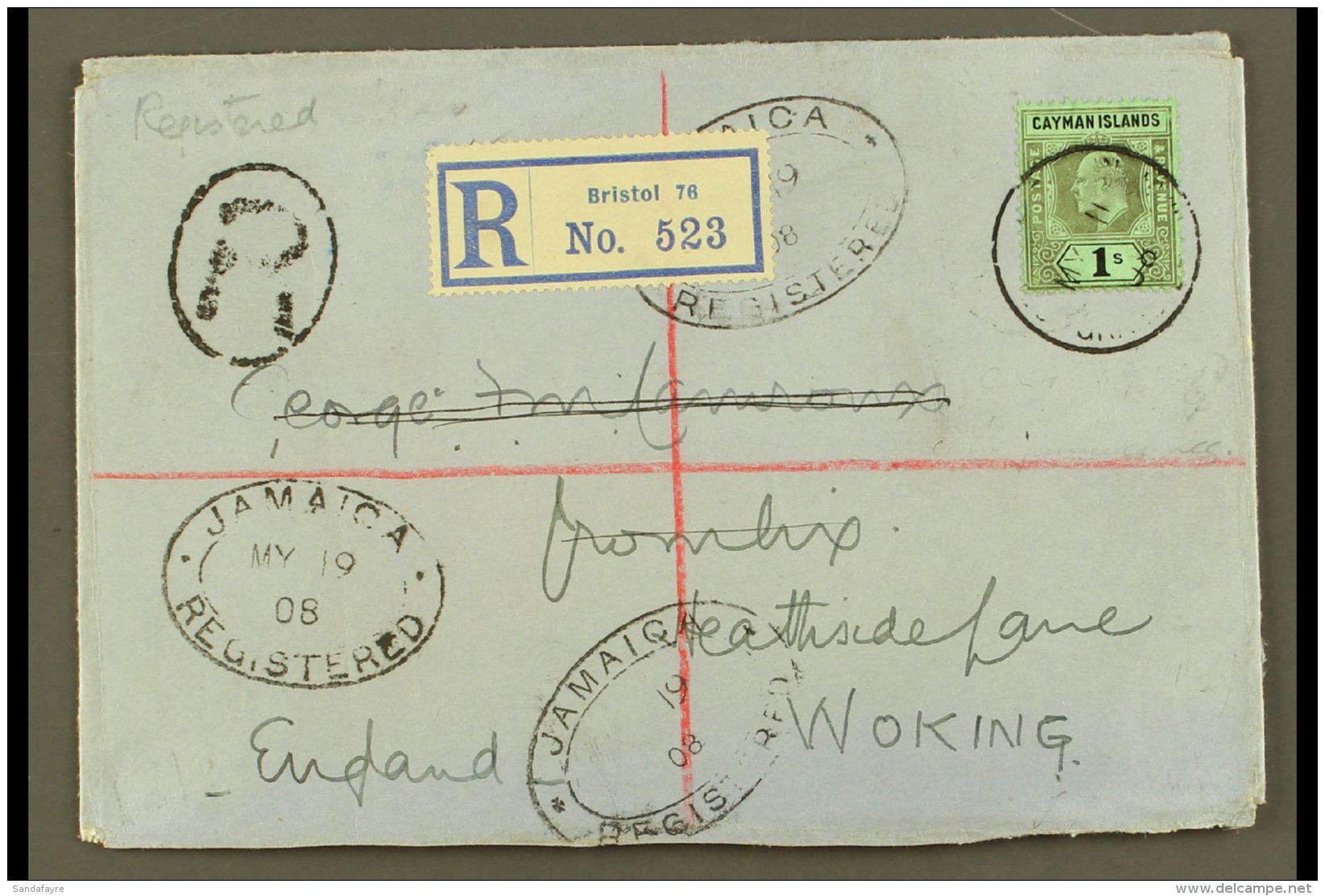 1908  (11 May) Registered Cover To England, Bearing 1907-09 1s Wmk CA Stamp (SG 33) Tied By Cds Cancel, With... - Cayman Islands