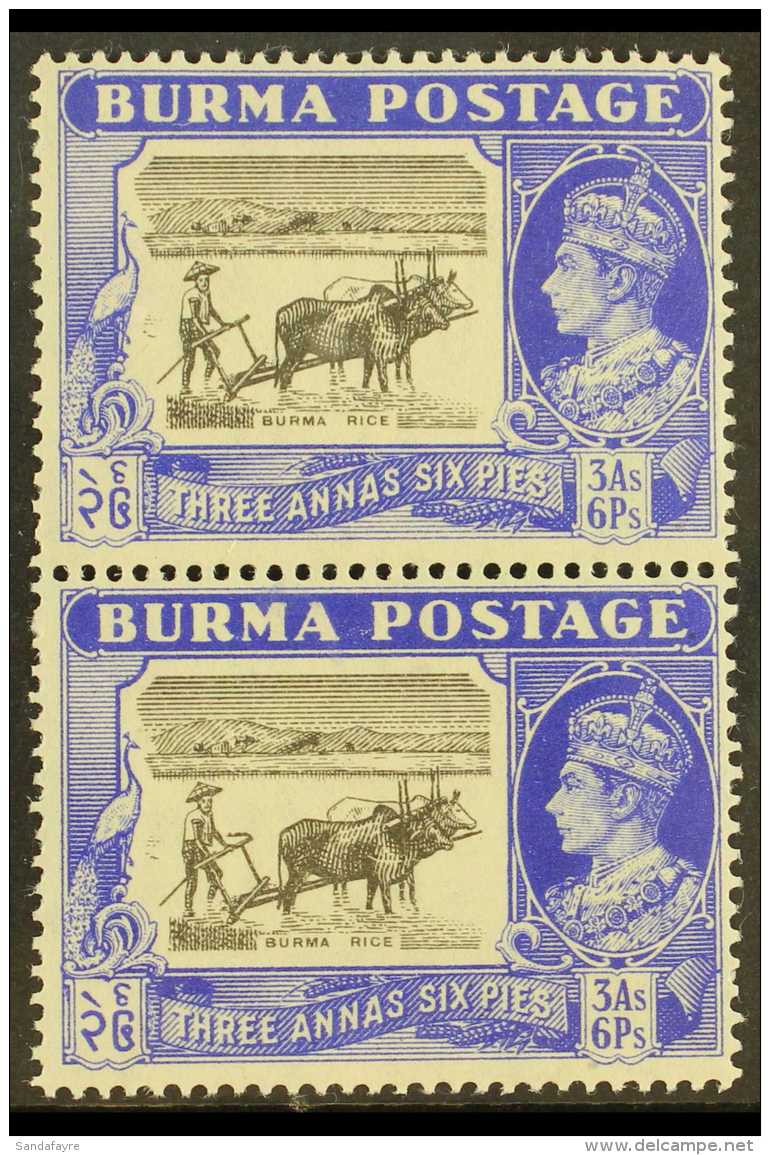 1946  3a6p Black &amp; Ultramarine "Burma Rice" Vertical Pair, Lower Stamp Bearing "CURVED PLOUGH HANDLE"... - Burma (...-1947)