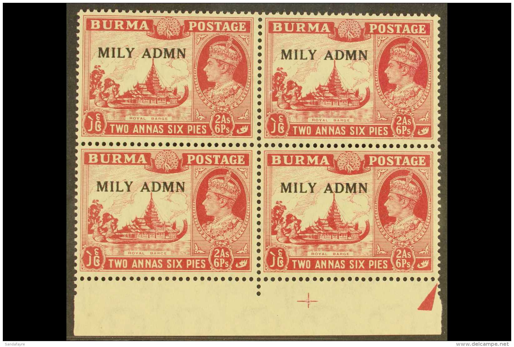 1945  2a6p Claret Block Of 4 Containing "Birds Over Trees" Variety, SG 42/42a, Never Hinged Mint Marginal Block.... - Burma (...-1947)