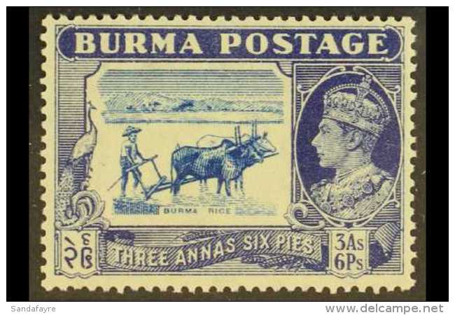 1938-40  3a6p Light Blue &amp; Blue "TICK BIRD" Variety, SG 27b, Never Hinged Mint For More Images, Please Visit... - Burma (...-1947)