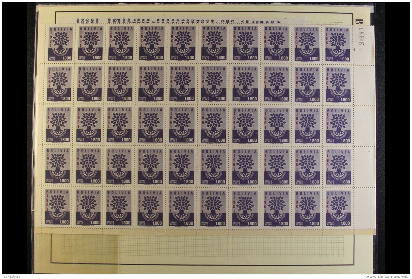 1960 COMPLETE SHEET WITH VARIETIES.  Unissued 1800b Violet Air Refugees With "1961" Overprint (see Notes After... - Bolivia