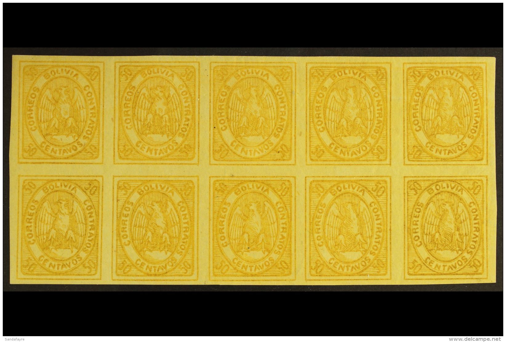 1867-68  50c Yellow Condor (SG 8, Scott 5), Very Fine Mint (most Stamps Never Hinged) BLOCK Of 10 (5x2), All... - Bolivia