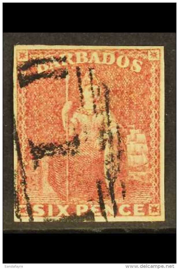 1858  6d Deep Rose Red, SG 11a, Very Fine Used With Clear Margins All Round And Neat "1" "bootheel" Cancel. For... - Barbades (...-1966)