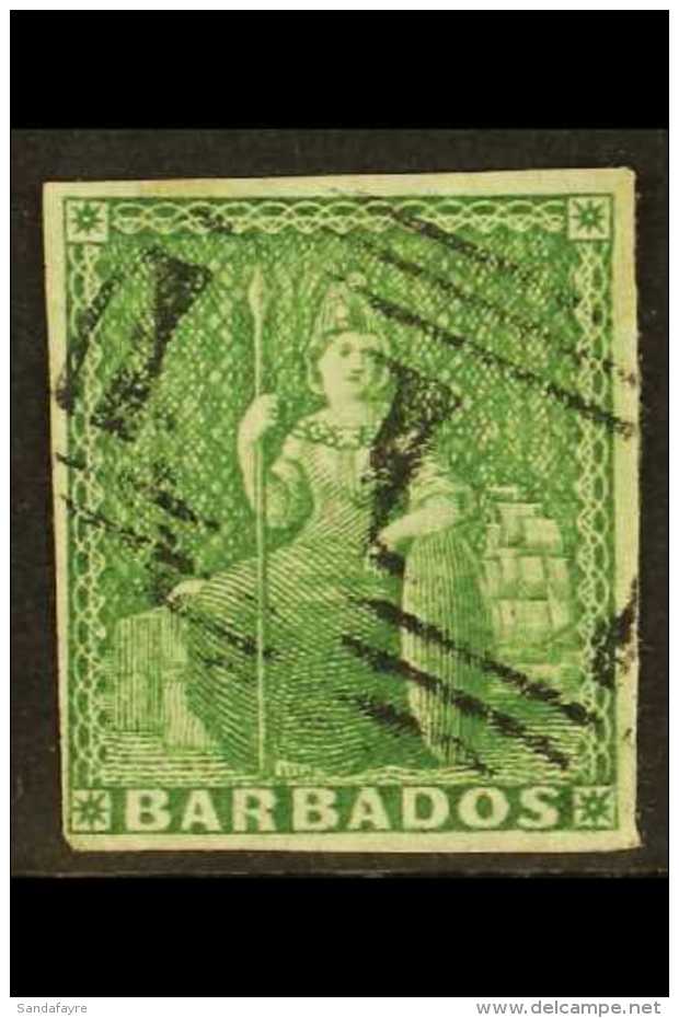 1855-58  (&frac12;d) Yellow-green On White Paper, SG 7, Good Used With Four Margins. For More Images, Please... - Barbados (...-1966)