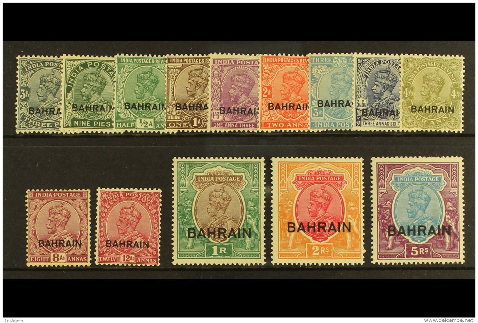 1933  Geo V Set Complete, 5r With Upright Wmk, SG 1/14, Very Fine And Fresh Mint. (14 Stamps) For More Images,... - Bahrain (...-1965)