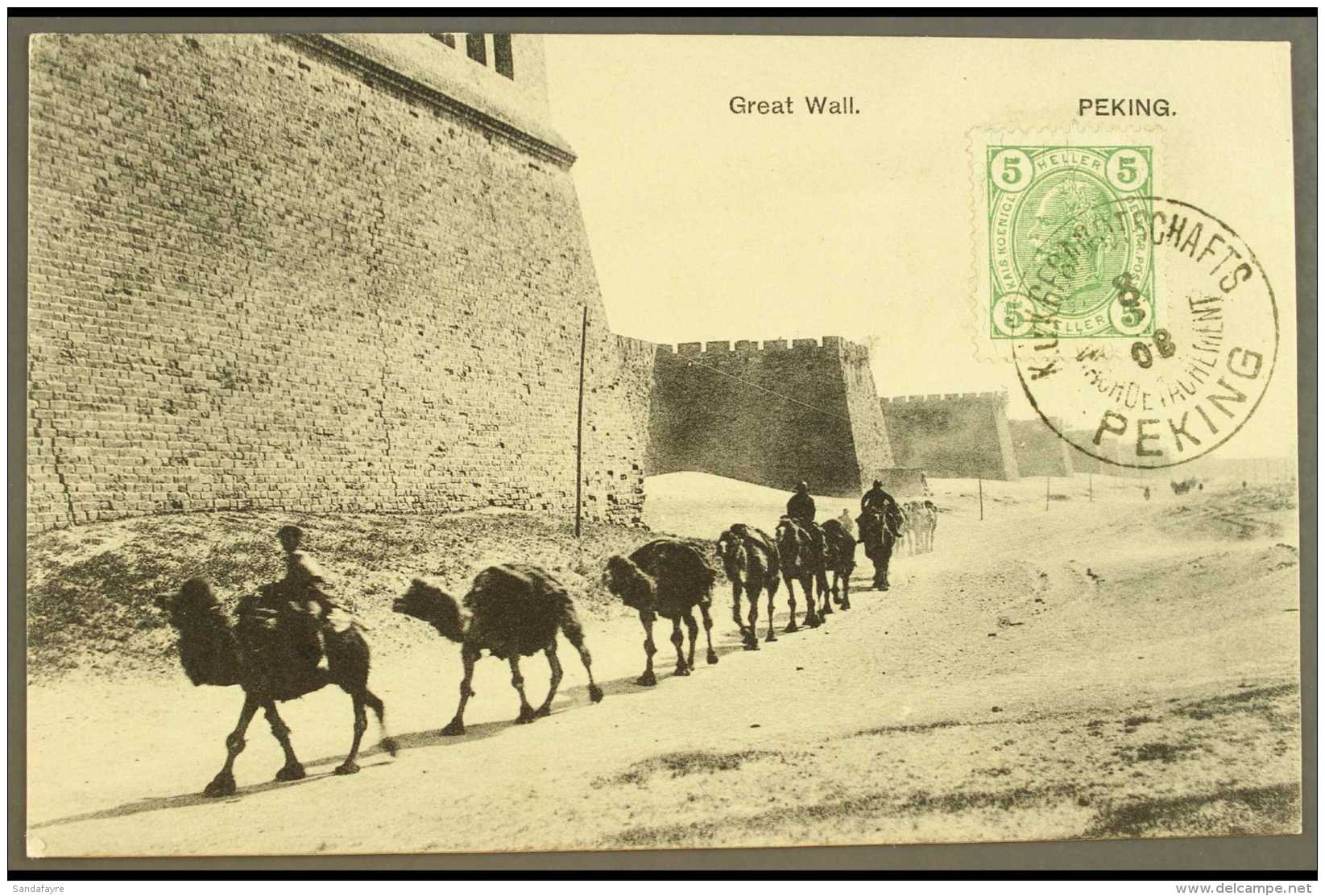 OFFICES IN CHINA  1908 Untravelled Ppc Of Camel Train Passing Great Wall Franked 5h Green And Tied By Fine Strike... - Otros & Sin Clasificación
