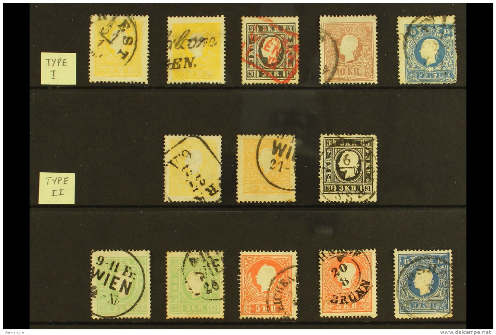 1858-59 ATTRACTIVE USED COLLECTION  Includes (type I) 2kr Yellow Both Shades, 3kr Black, 10kr, And 15kr, Plus... - Autres & Non Classés