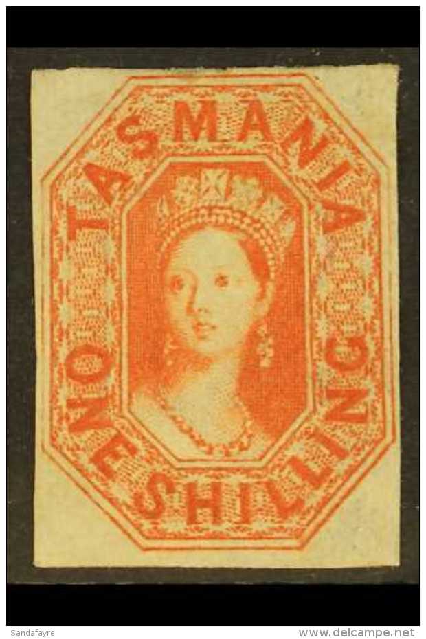 TASMANIA  1858 1s Vermilion Imperforate, SG 41, Mint Good Part OG With 4 Margins And Stunning Fresh Appearance.... - Other & Unclassified