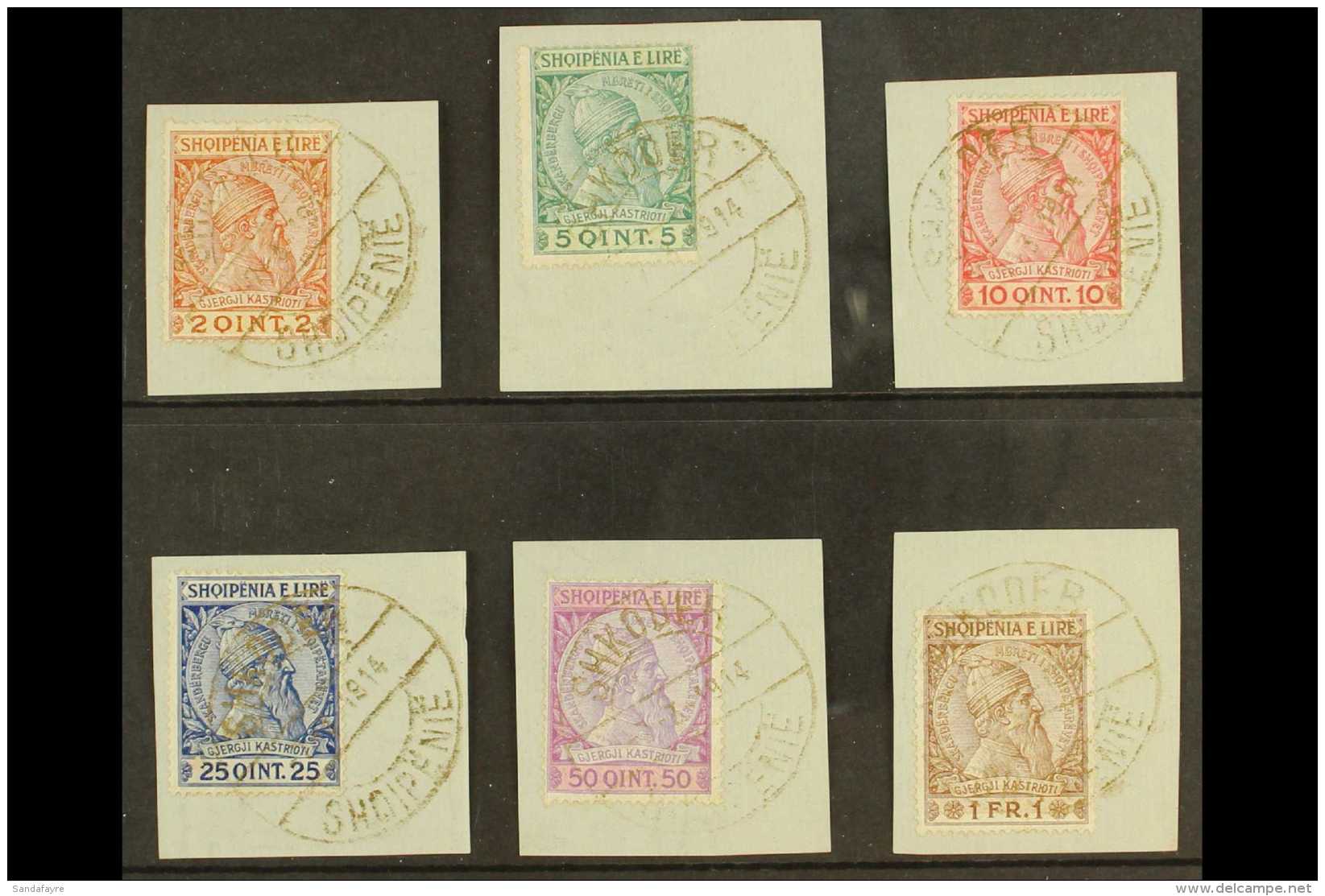 1913  Skanderbeg Complete Set Of Six, Mi 29/34, With Each Value On A Separate Piece Cancelled By "SHKODER /... - Albania