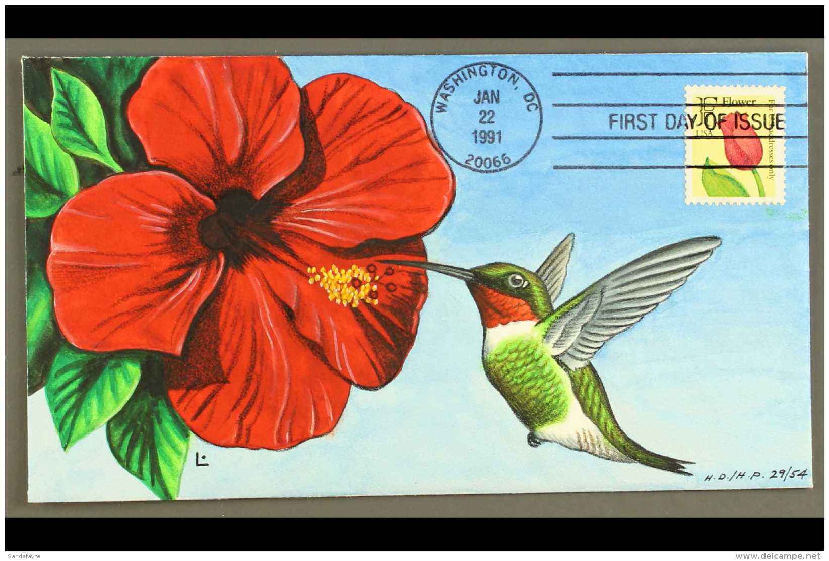 BIRDS - HAND PAINTED FIRST DAY COVER  1991 (22 Jan) Flower "F" Stamp, Scott 2517, On Hand Painted Illustrated FDC... - Sin Clasificación