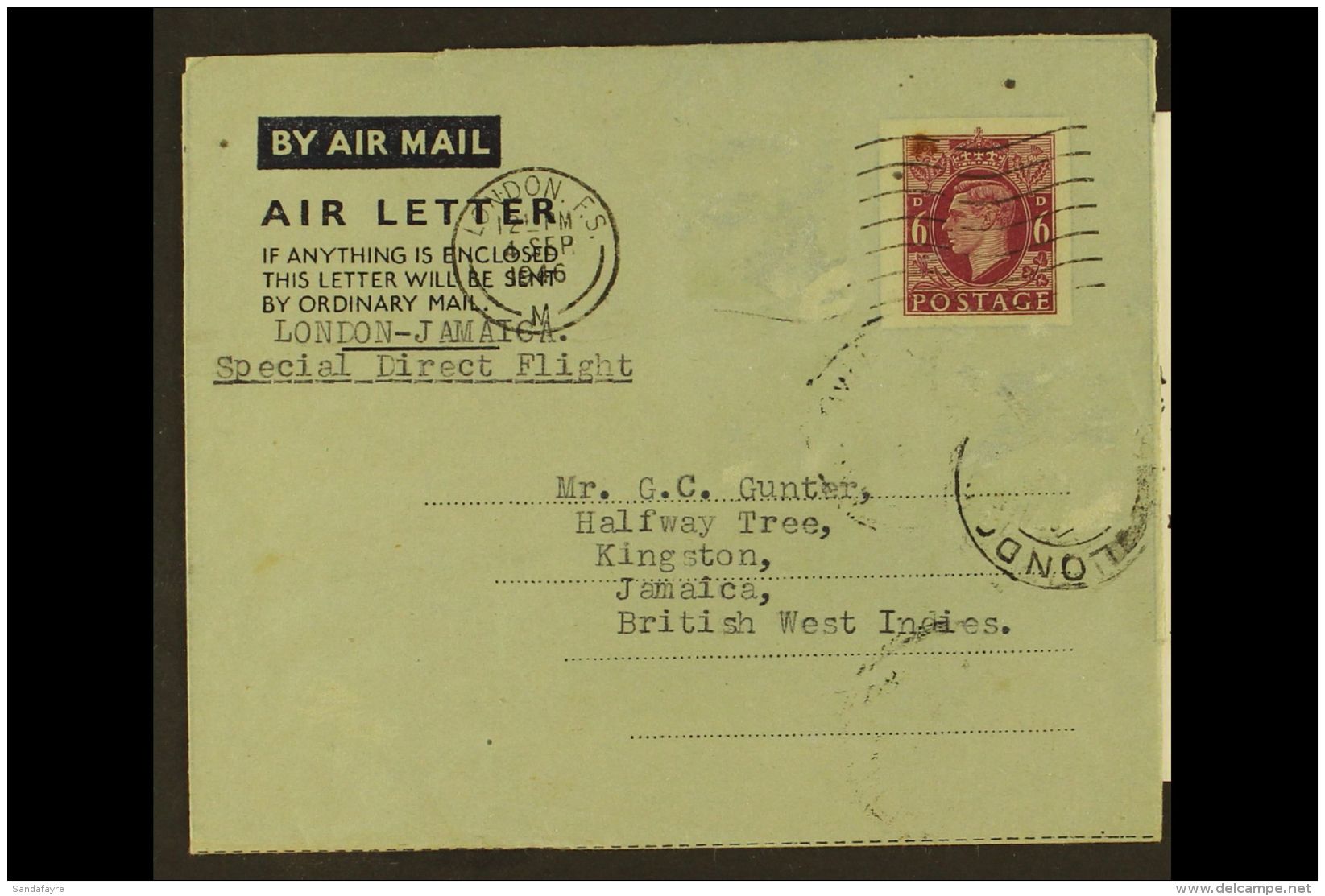 CRASH MAIL  GAMBIA 1946 (4 Sep) 6d GB Postal Stationery Aerogramme From London To Jamaica, Flown By B.S.A.A.... - Otros & Sin Clasificación