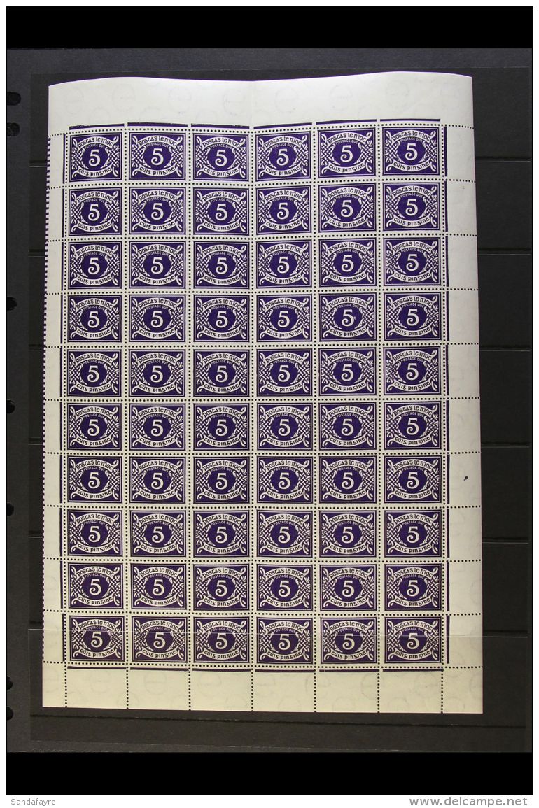 1943 POSTAGE DUE  5d Blue Violet, SG D10, Complete Pane Of Sixty Incl. Corroded Plate Variety,  Lightly Hinged In... - Autres & Non Classés