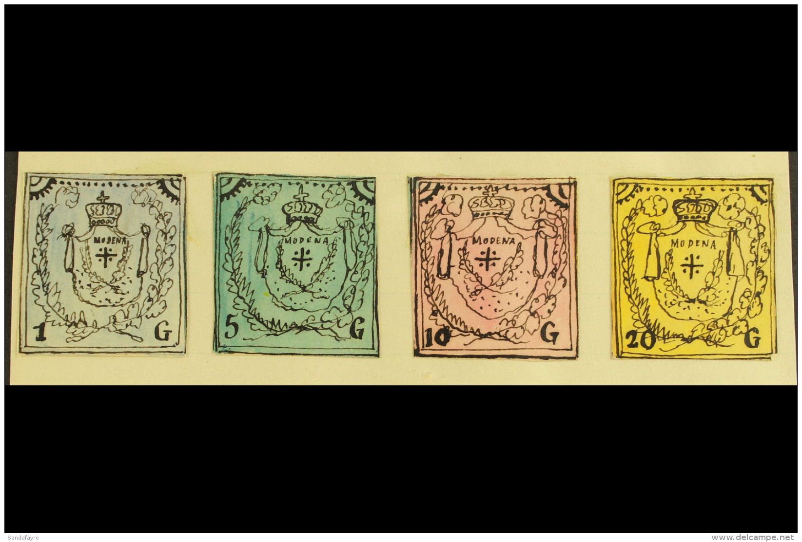 1861 HAND PAINTED STAMPS  Unique Miniature Artworks Created By A French "Timbrophile" In 1861. MODENA Four Values... - Sin Clasificación