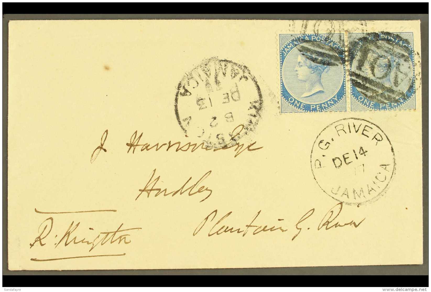 1877  (Dec 13) Cover From Kingston To Plantain Garden River Bearing 1d Blue Pair Tied By "A01" Cancels; Alongside... - Jamaica (...-1961)
