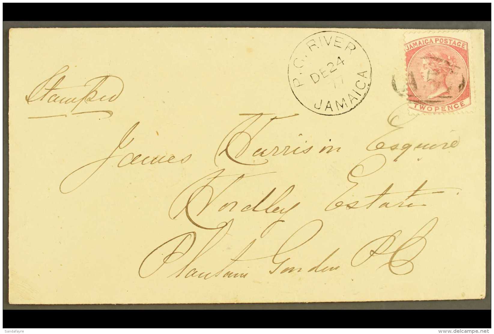 1877  (Dec 24) Neat Envelope To Plantain Garden Bearing 2d Rose Tied By "A57" Cancel, Alongside Lovely Crisp... - Jamaica (...-1961)