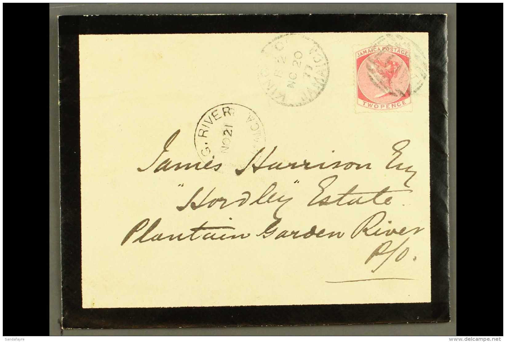 1877  (Nov 20) Mourning Envelope From Kingston To Plantain Garden River P.O. Bearing 2d Rose Tied By "A01"... - Jamaïque (...-1961)