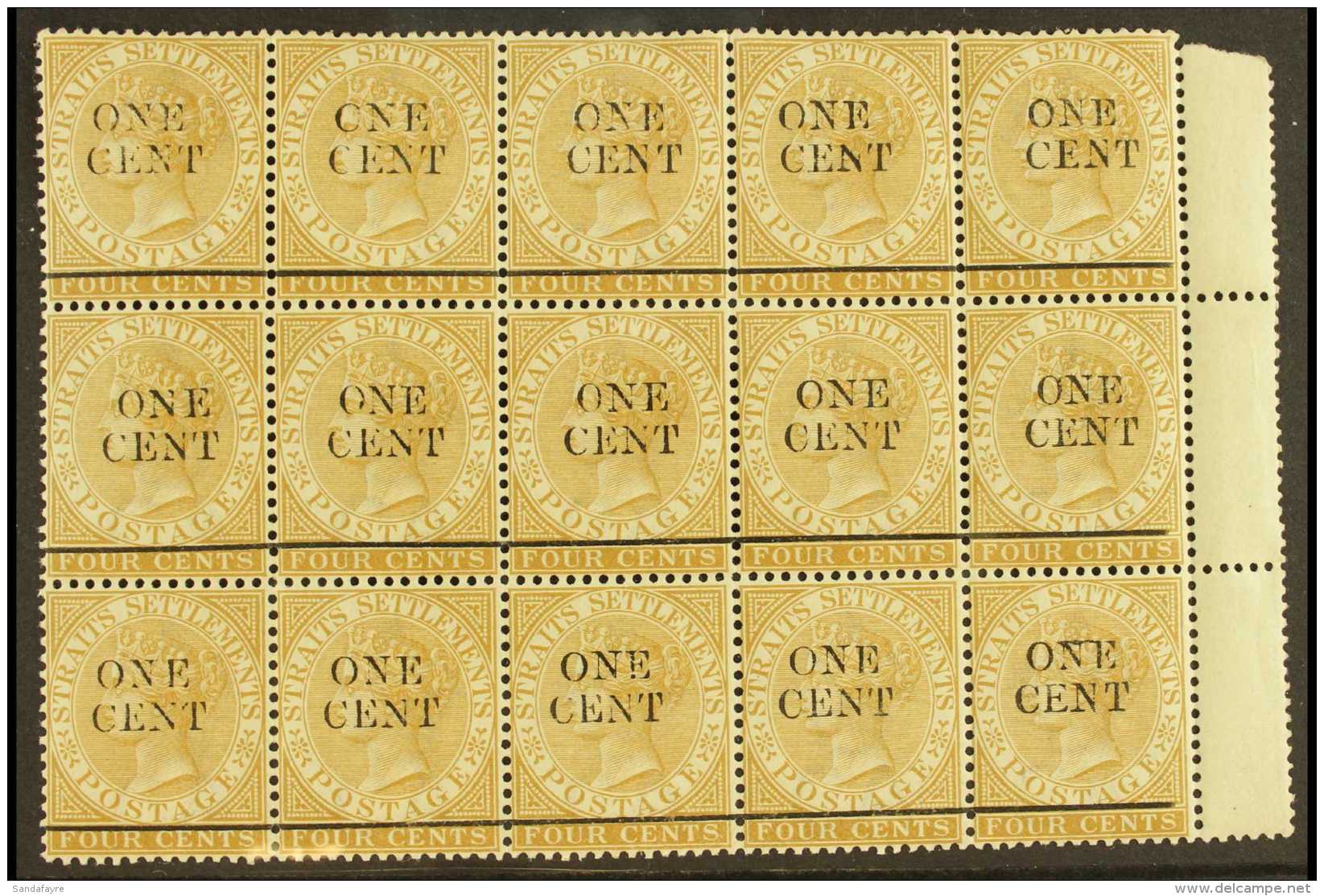 1892  1c On 4c Brown, SG 89, Never Hinged Mint Marginal Block Of 15. Some Light Gum Tone, An Attractive Multiple... - Straits Settlements