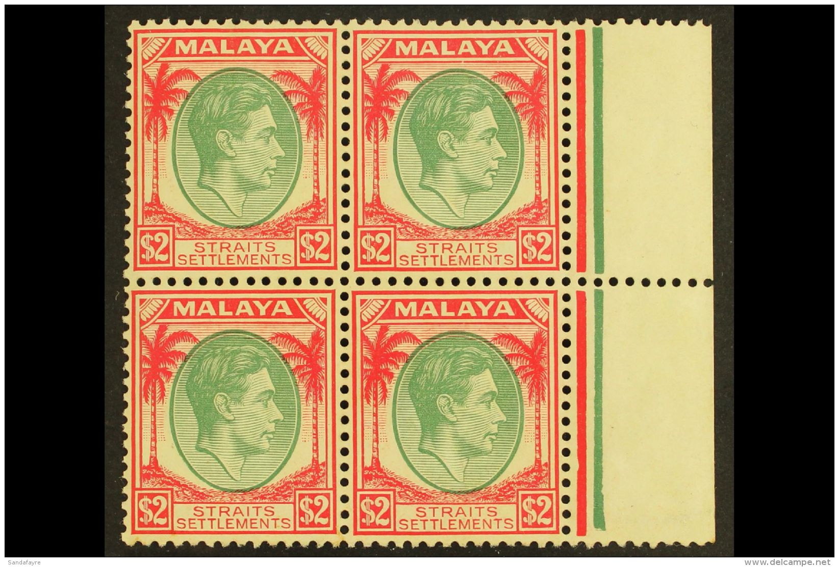 1937-41  $2 Green And Scarlet, SG 291, Never Hinged Mint Marginal BLOCK OF FOUR, Usual Streaky Gum. (4 Stamps)... - Straits Settlements