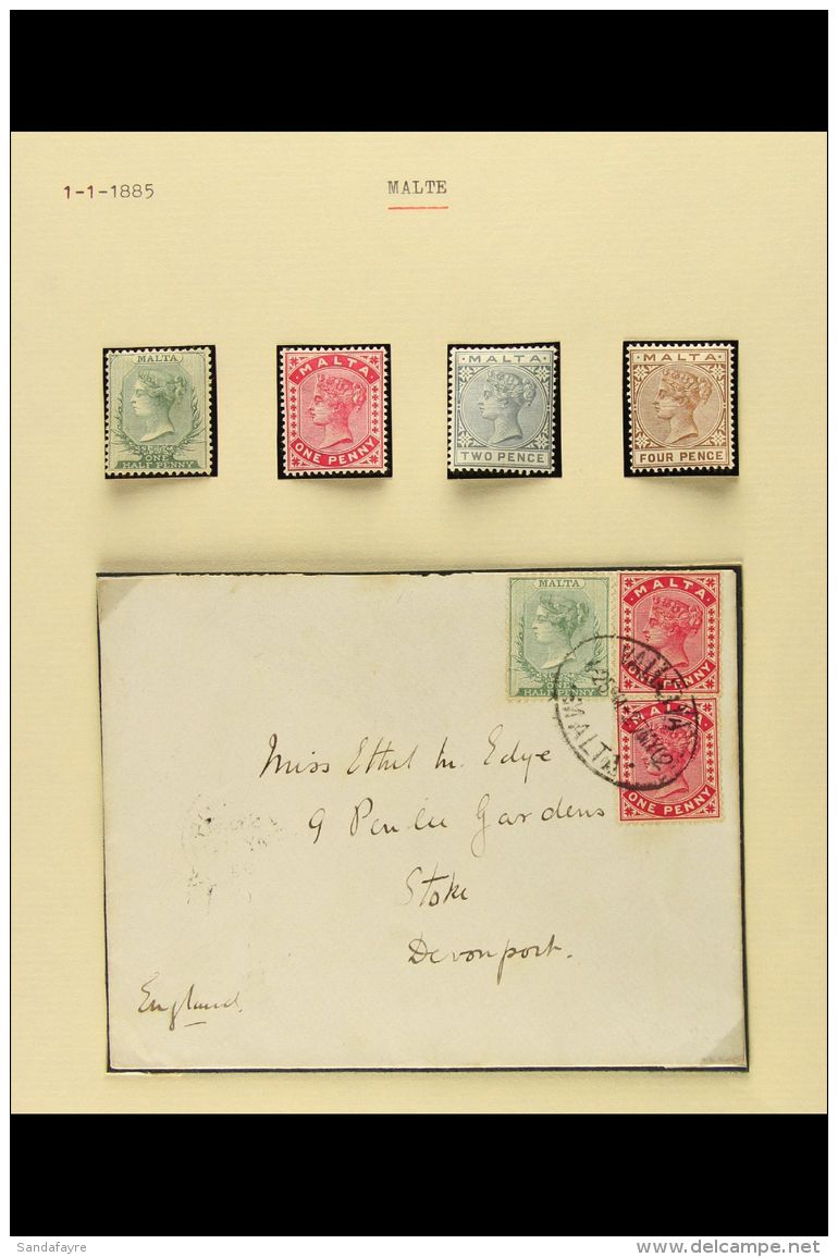 1885-1890 SMALL COLLECTION  On Pages, Comprising 1885-90 Range To 4d Mint Plus 1s Used, Plus Cover Bearing... - Malte (...-1964)
