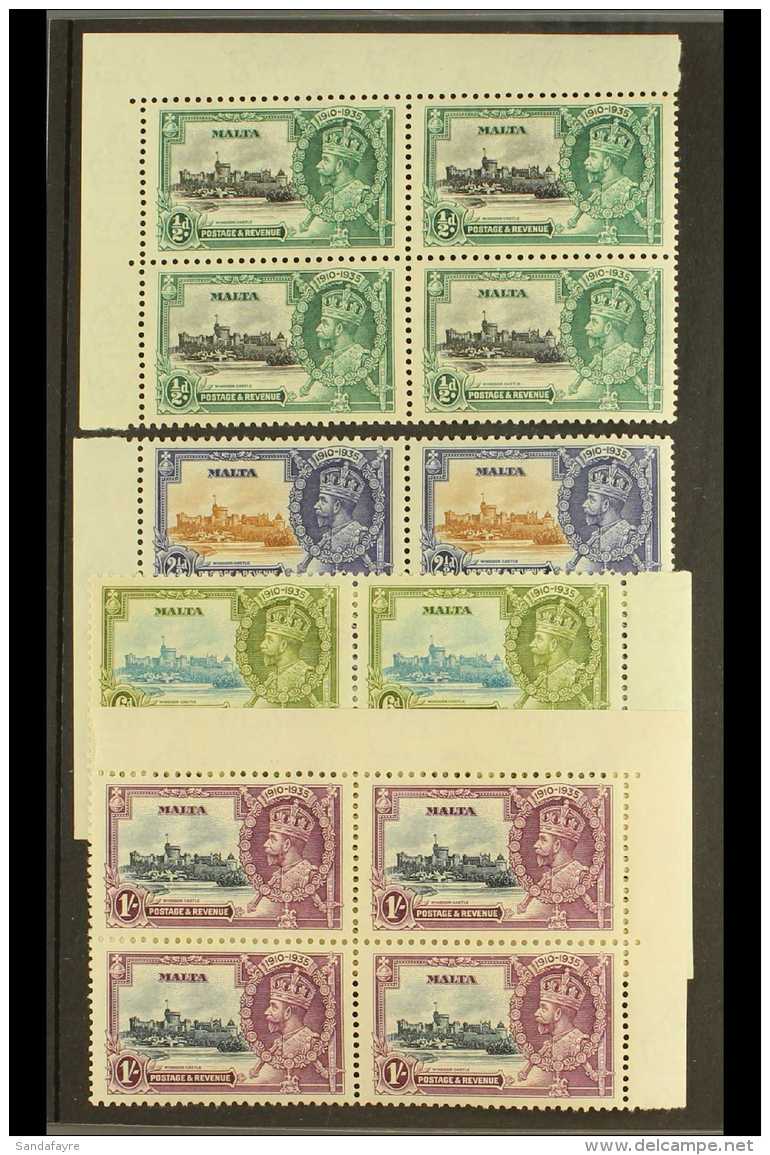 1935  Silver Jubilee Complete Set, SG 210/213, As Never Hinged Mint BLOCKS OF FOUR, Some Gum Discoloration, But... - Malta (...-1964)